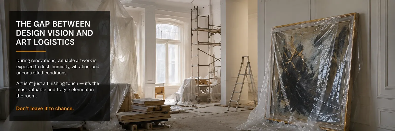 Fine art exposed during a home renovation with scaffolding and dust, illustrating the gap between design vision and art logistics