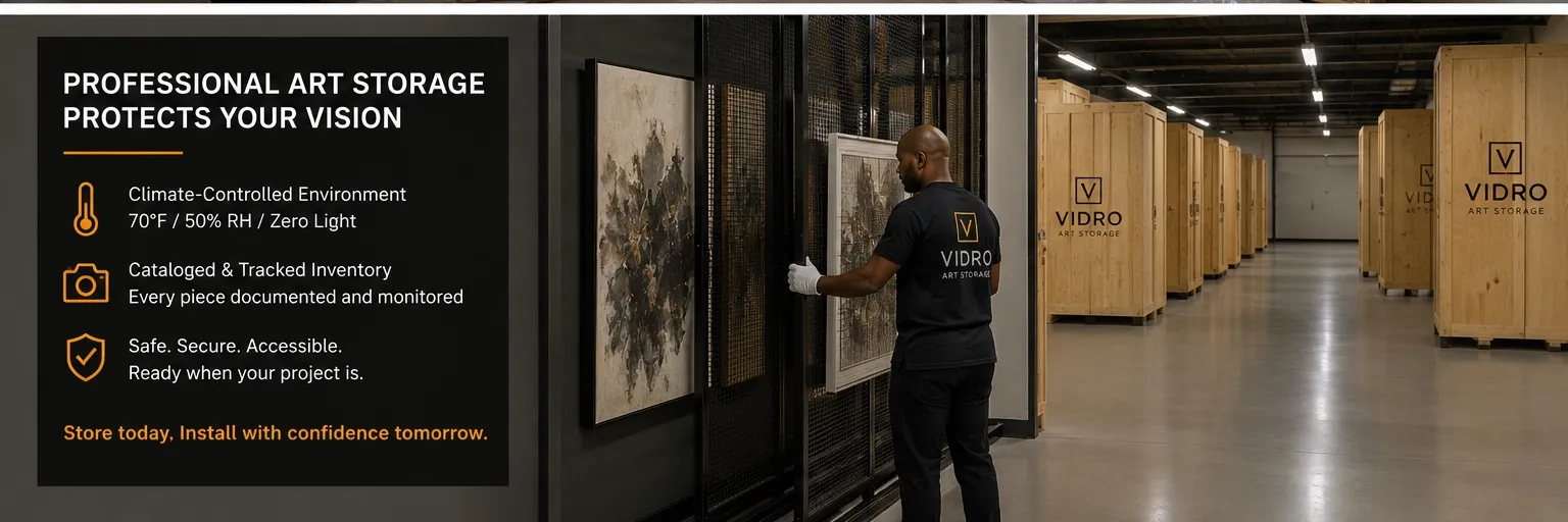 Professional climate-controlled art storage facility with handler placing fine art into secure storage racks at Vidro Art Storage