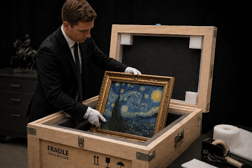 Vidro Art Storage specialist packing a painting into a branded shipping container