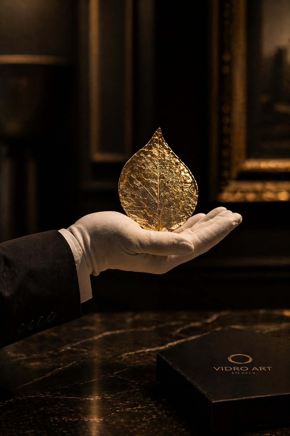 A gold leaf cradled in a white-gloved hand above a Vidro Art branded box — bespoke handling and finish for fine art clients