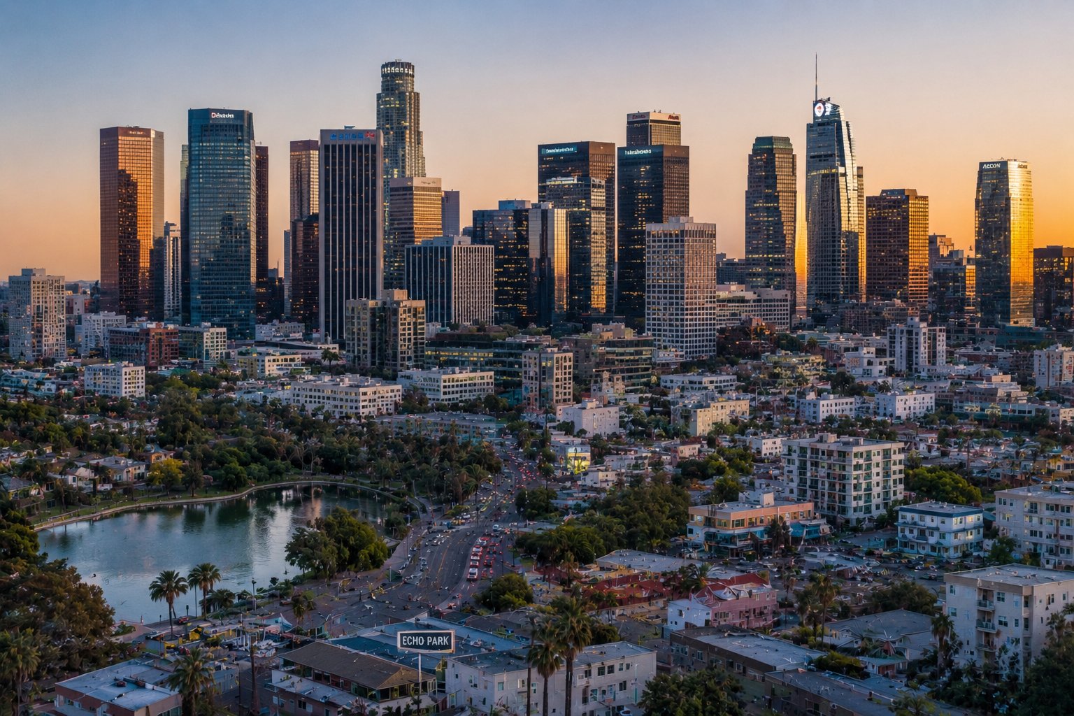 Aerial view of the downtown Los Angeles skyline at sunset with Echo Park Lake in the foreground, the city served by Vidro Art Storage