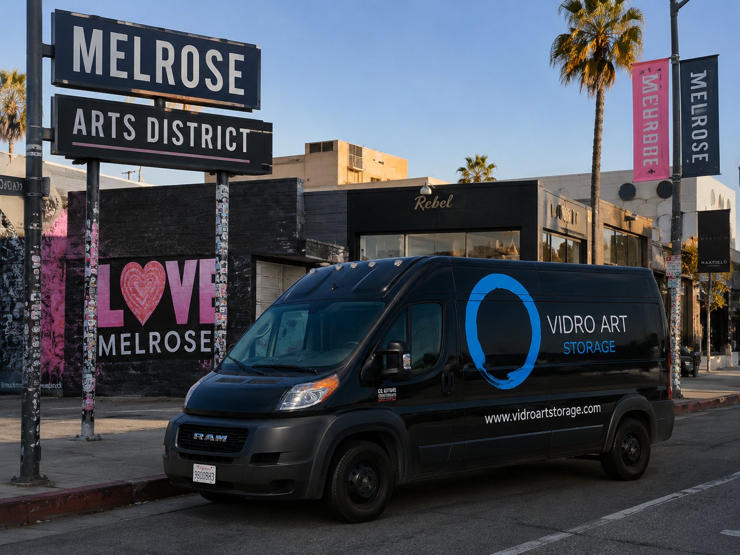 Vidro Art Storage delivery van at the Melrose Arts District sign, providing white-glove pickup and delivery for Melrose galleries and collectors