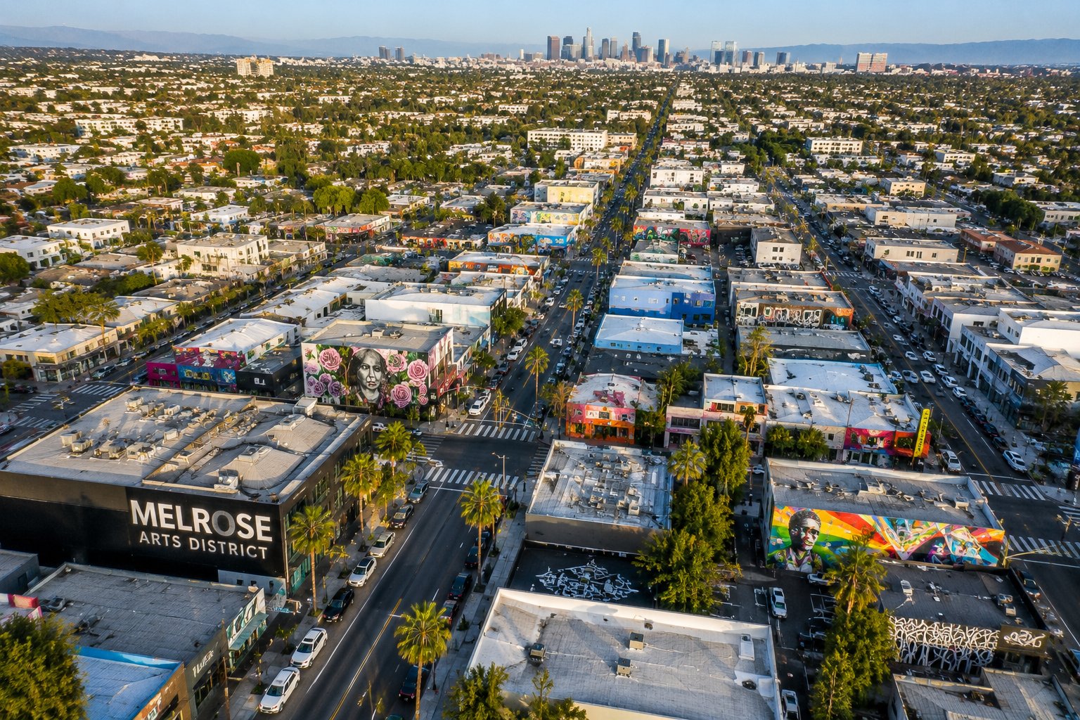 Aerial view of the Melrose Arts District with downtown Los Angeles in the distance, the gallery and design neighborhood served by Vidro Art Storage