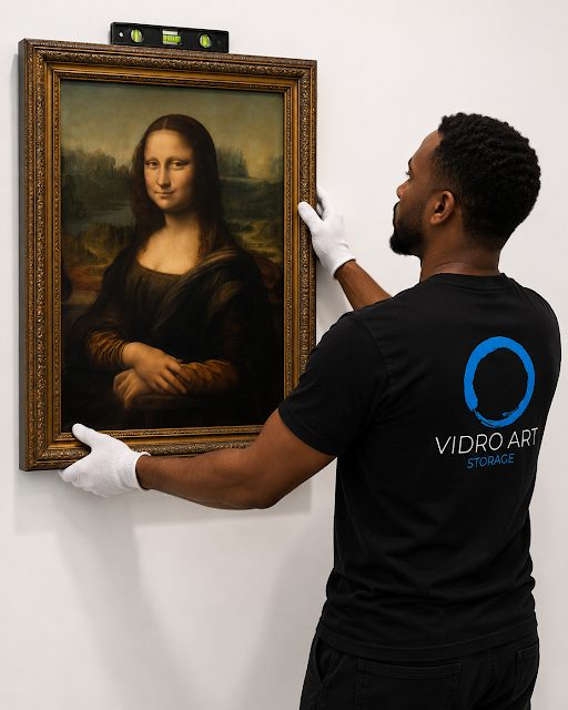 Vidro Art Storage handler installing a framed fine art painting with white gloves in Los Angeles