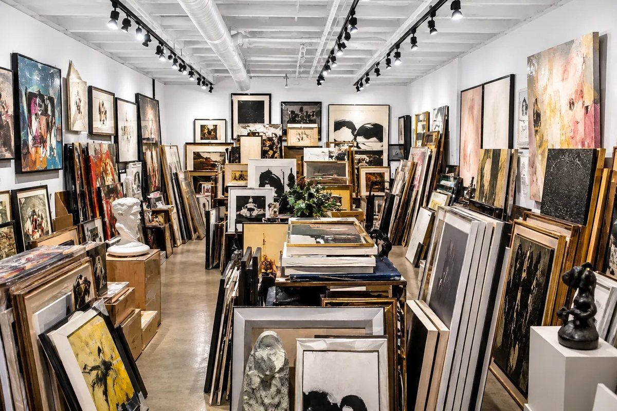 A crowded gallery back room in Los Angeles with framed paintings and sculpture stacked against the walls awaiting art storage