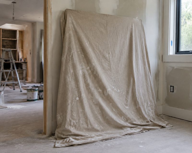 A room mid-renovation with a dust covered drop cloth, a ladder, and paint cans, unsafe for fine art left in place