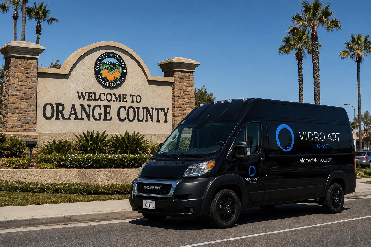 Vidro Art Storage delivery van at the Welcome to Orange County sign, providing white-glove pickup and delivery for Orange County collectors
