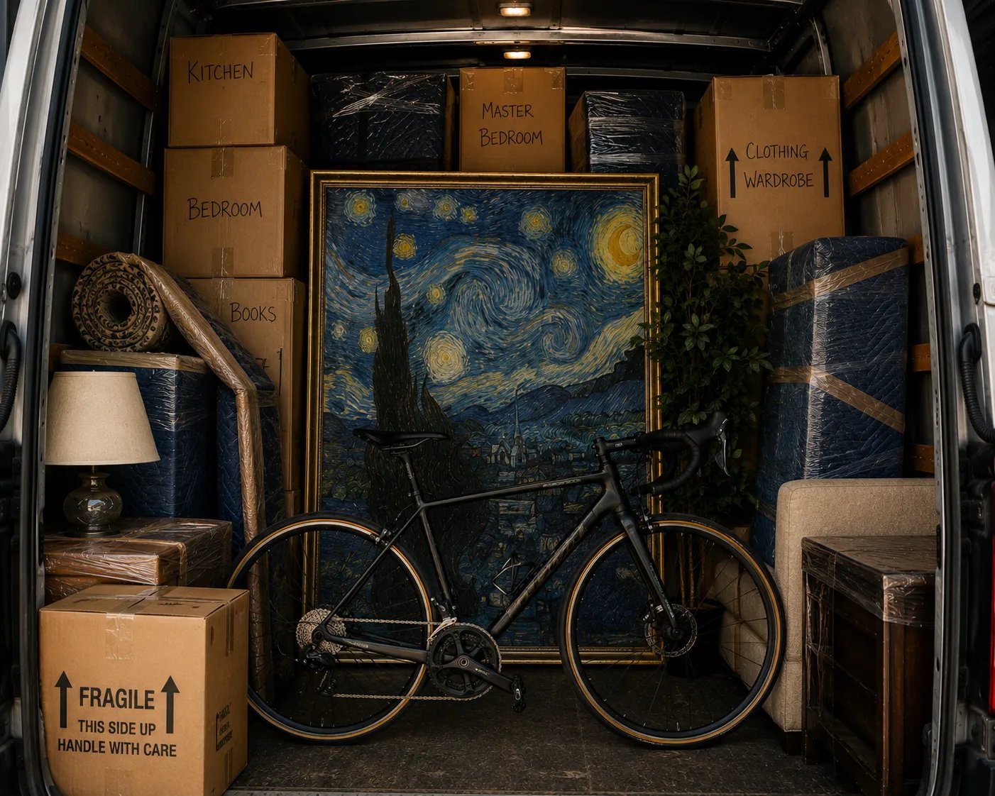 Fine art crowded into a general self-storage unit by a regular moving company, the kind of improvised handling that puts an inherited collection at risk