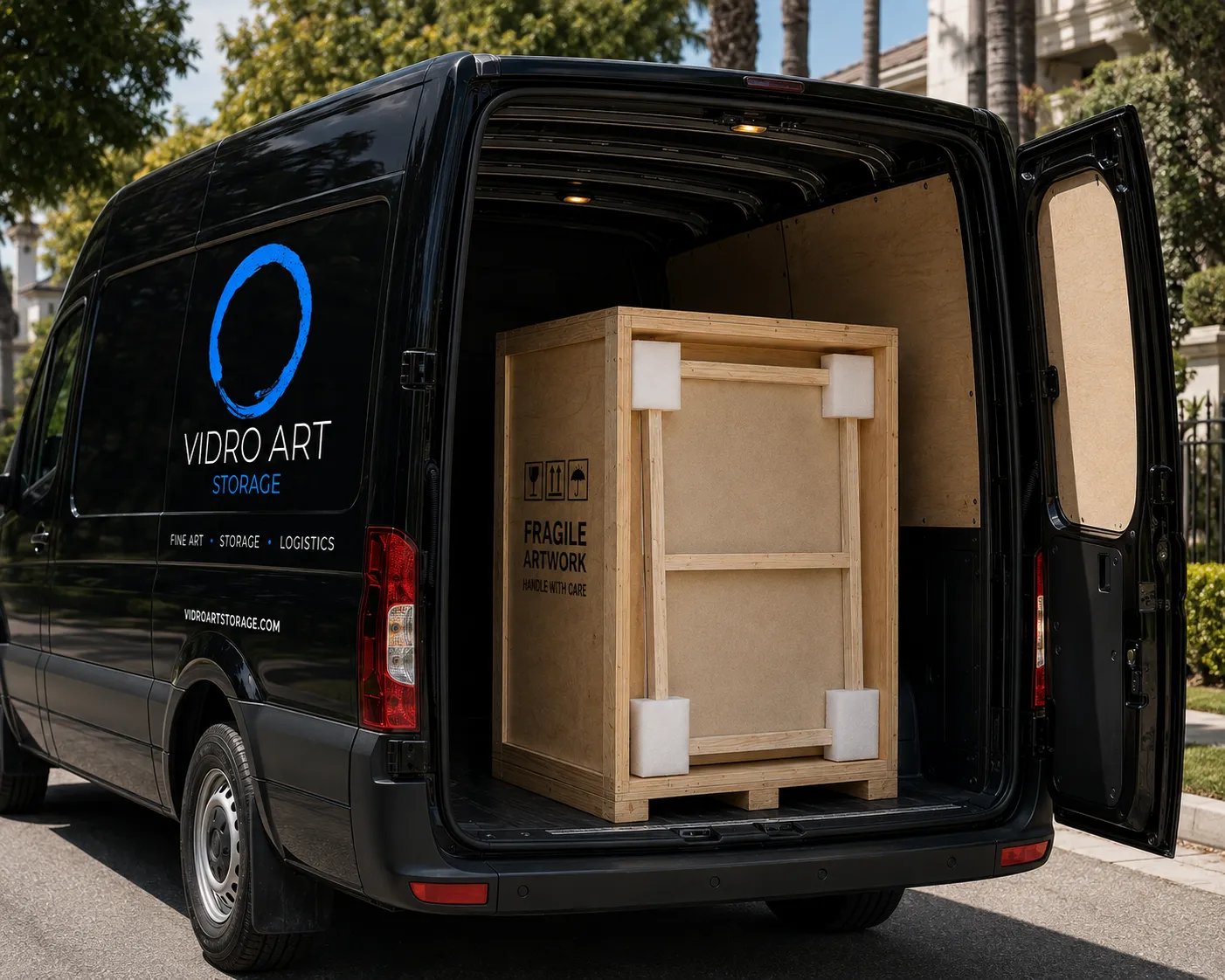 A Vidro Art Storage climate-controlled van used for expert white-glove handling and transport of fine art in Los Angeles