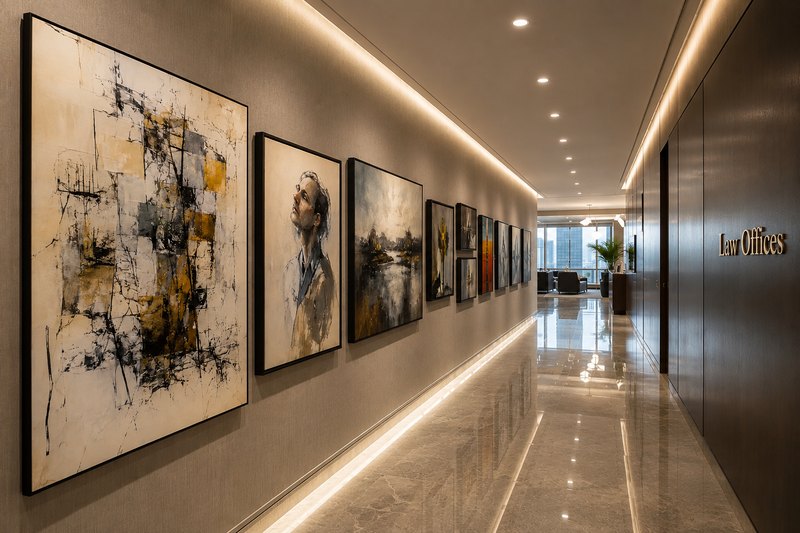 A rotating corporate art collection displayed along a law office corridor in Los Angeles, the kind of program that cycles pieces between display and storage