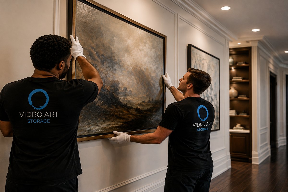 Two white-gloved Vidro Art Storage handlers installing a large framed painting in a luxury Los Angeles home