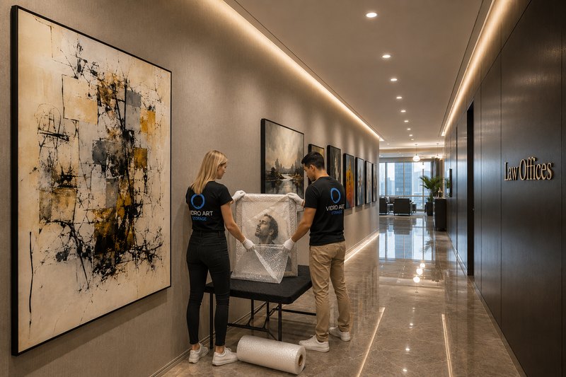 Vidro Art Storage handlers packing a framed artwork on site at a Los Angeles law office for transport to climate-controlled storage