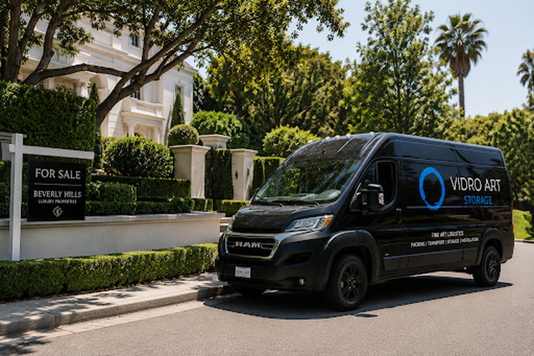 A Vidro Art Storage van parked outside a Beverly Hills luxury home listed for sale in Los Angeles