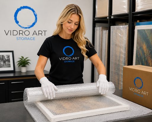 A Vidro Art Storage handler in white gloves wrapping a framed painting for storage in Los Angeles