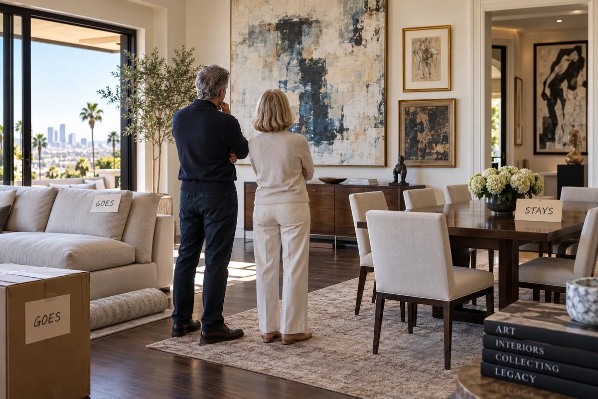A collector couple deciding which artworks to keep or store while downsizing their Los Angeles home, with GOES and STAYS labels on the furniture