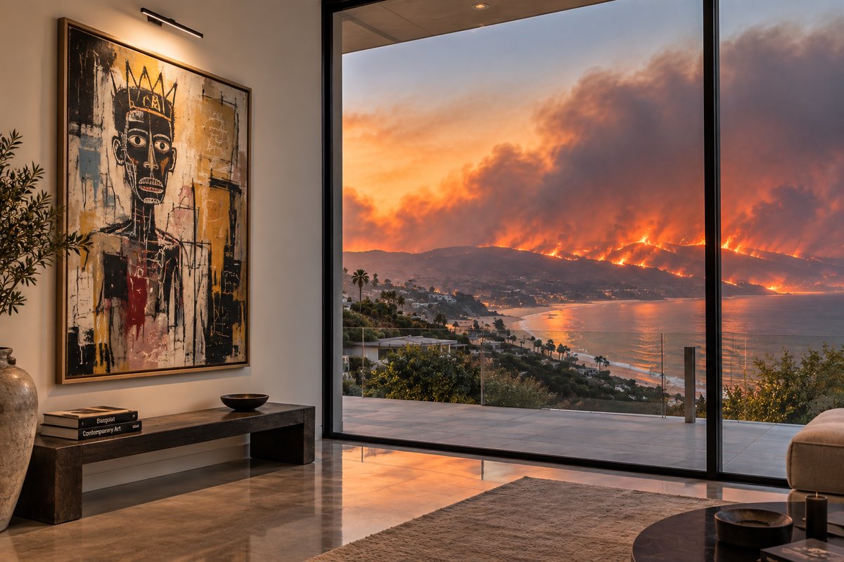A framed fine art painting on the wall of a Los Angeles luxury home as a wildfire burns across the coastline through the window