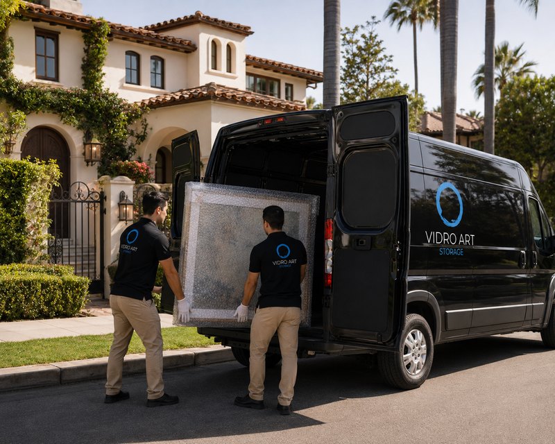 Vidro Art Storage handlers loading a wrapped framed artwork into a climate-controlled van outside a Beverly Hills home