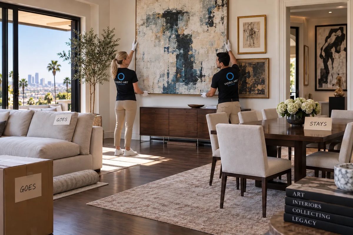 Two white-gloved Vidro Art Storage handlers carefully moving a large framed painting while downsizing a Los Angeles home