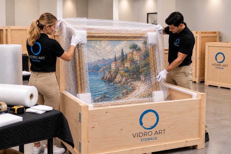 Vidro Art Storage handlers in gloves wrapping a framed painting and placing it in a custom wooden crate for climate-controlled storage