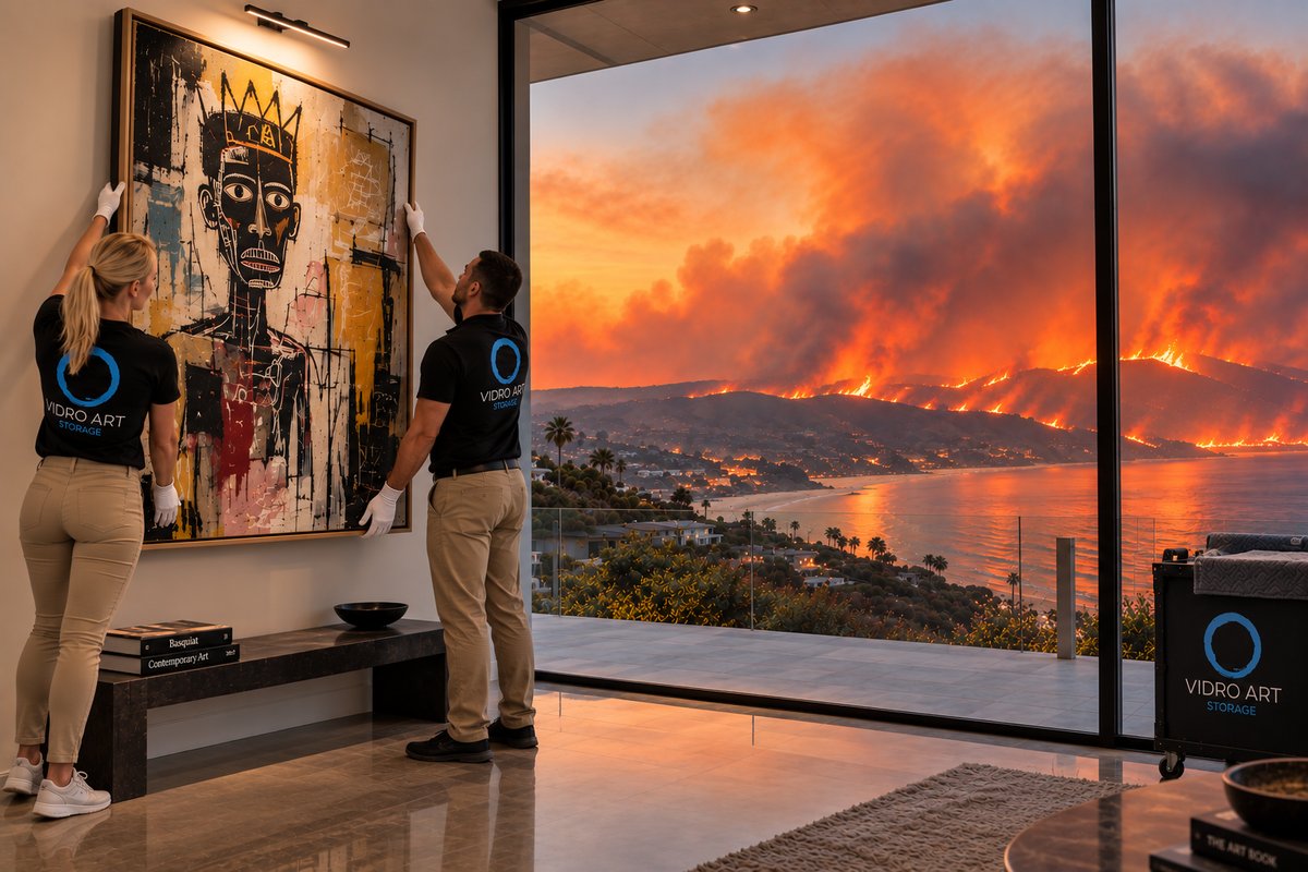 Two white-gloved Vidro Art Storage handlers uninstalling a framed painting for evacuation as a wildfire burns in the hills near Los Angeles
