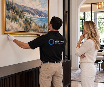 A Vidro Art Storage specialist measuring a framed coastal landscape painting during an in-home art estimate while the homeowner looks on