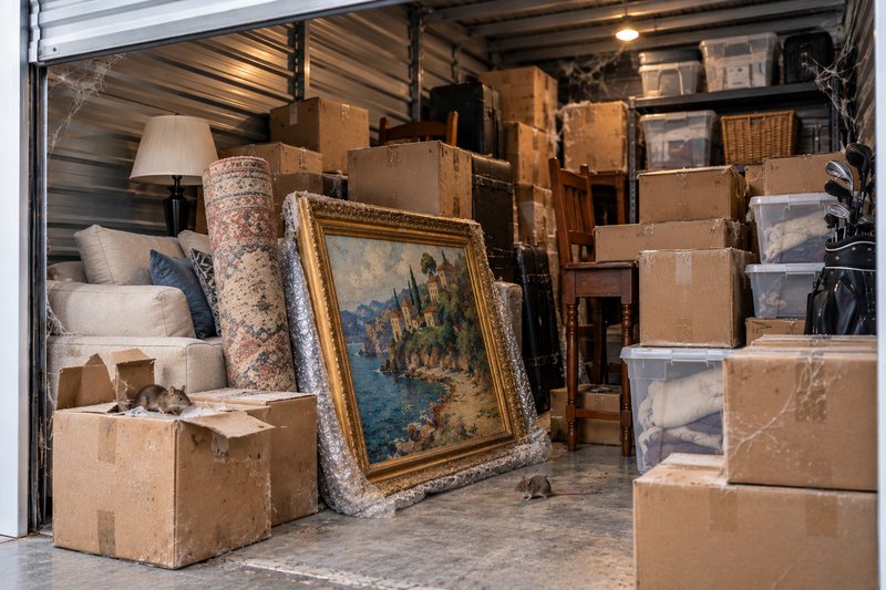 A framed painting leaning in a dusty consumer self storage unit with cobwebs, chewed cardboard boxes and rodents, the conditions that invite mold and pests