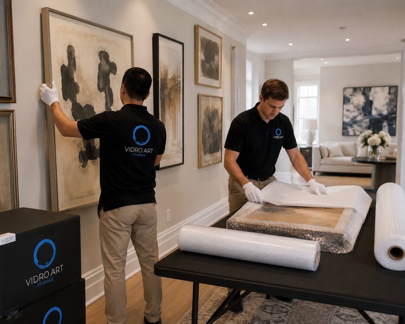 Vidro Art Storage handlers removing and wrapping framed artwork inside a Beverly Hills home before transport to climate-controlled storage