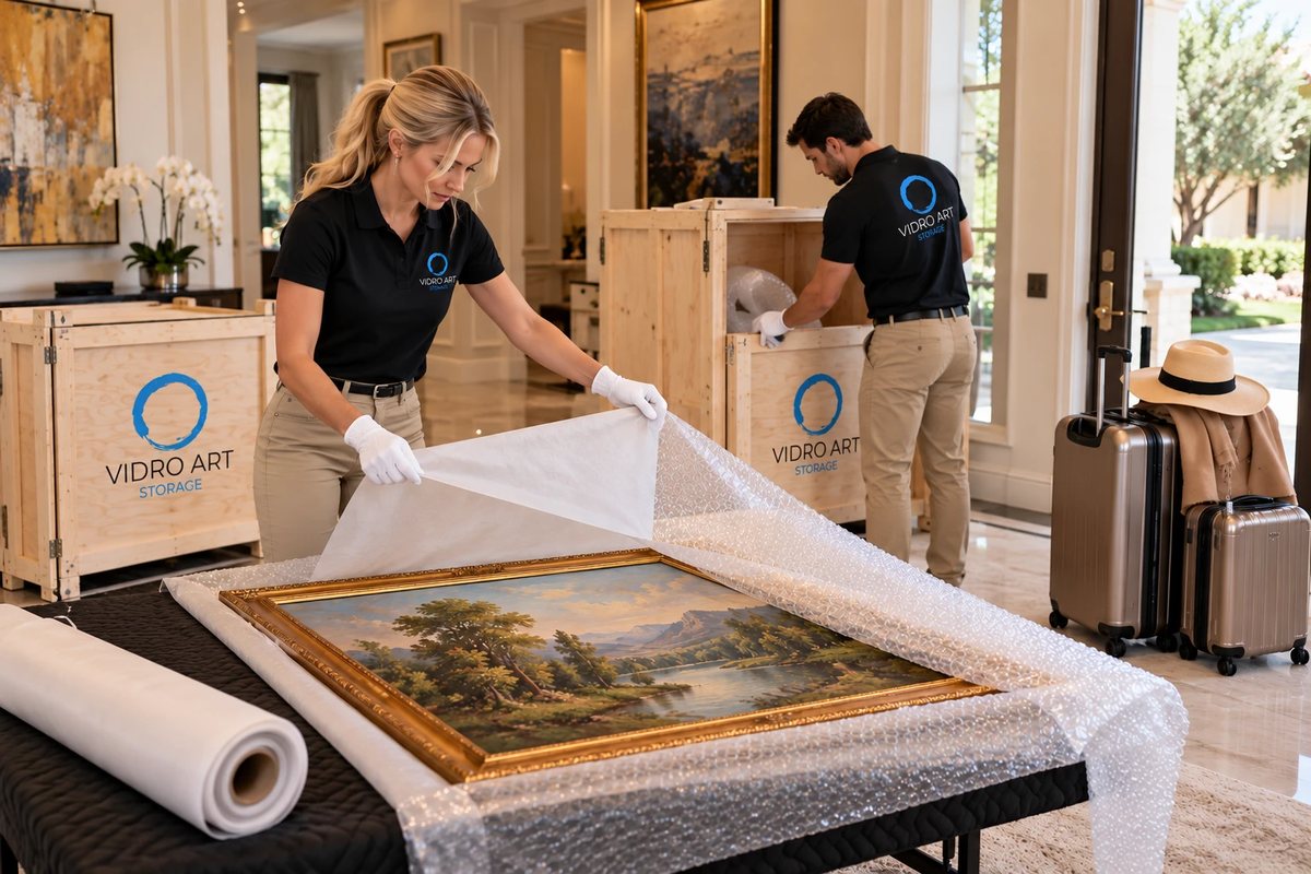 Two Vidro Art Storage art handlers in white gloves wrapping a gold-framed landscape painting for art storage beside wood crates while the homeowners pack to travel