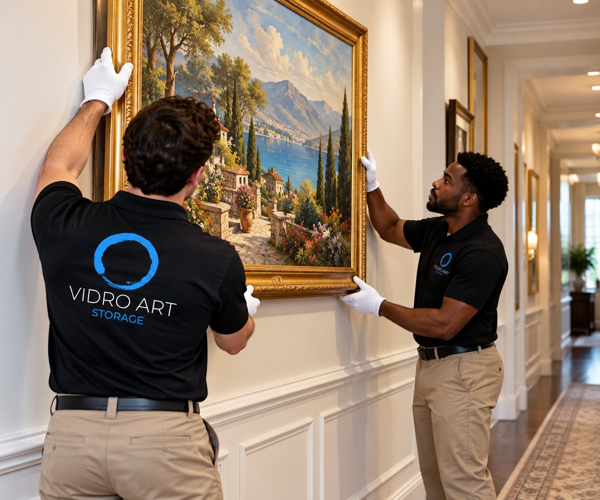Two Vidro Art Storage handlers in white gloves hanging a large gold-framed landscape painting in a hallway